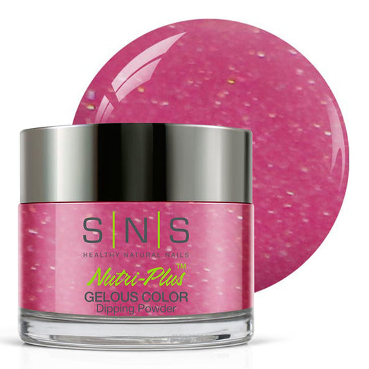SNS Glam Doll dip powder jar close-up with pink-fuchsia shimmer for at-home color