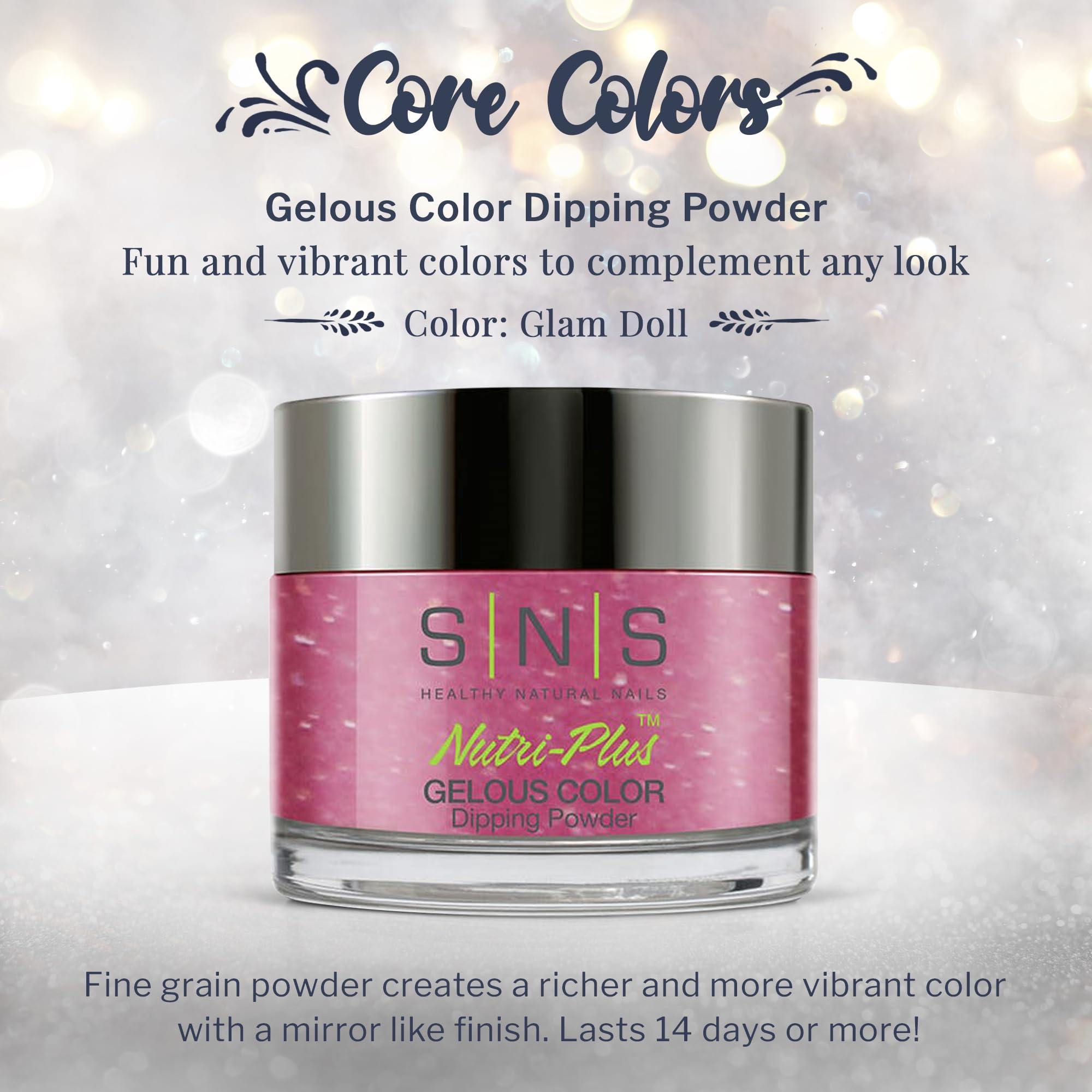 SNS Glam Doll on nails shows shimmering pink-fuchsia finish and depth