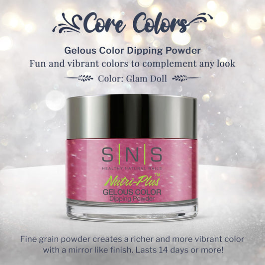 SNS Glam Doll on nails shows shimmering pink-fuchsia finish and depth