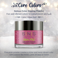 SNS Glam Doll on nails shows shimmering pink-fuchsia finish and depth