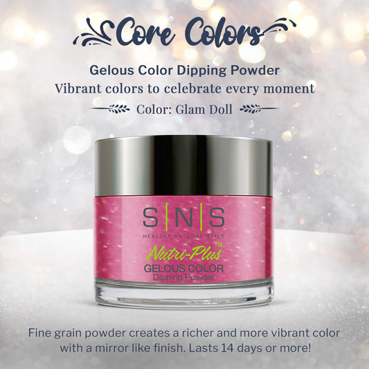 SNS Nail Dip Powder Glam Doll swatch on nail for vibrant color.