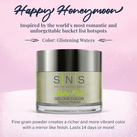 SNS Nail Dip Powder Glistening Waters bottle shows quick-dry, low-odor formula