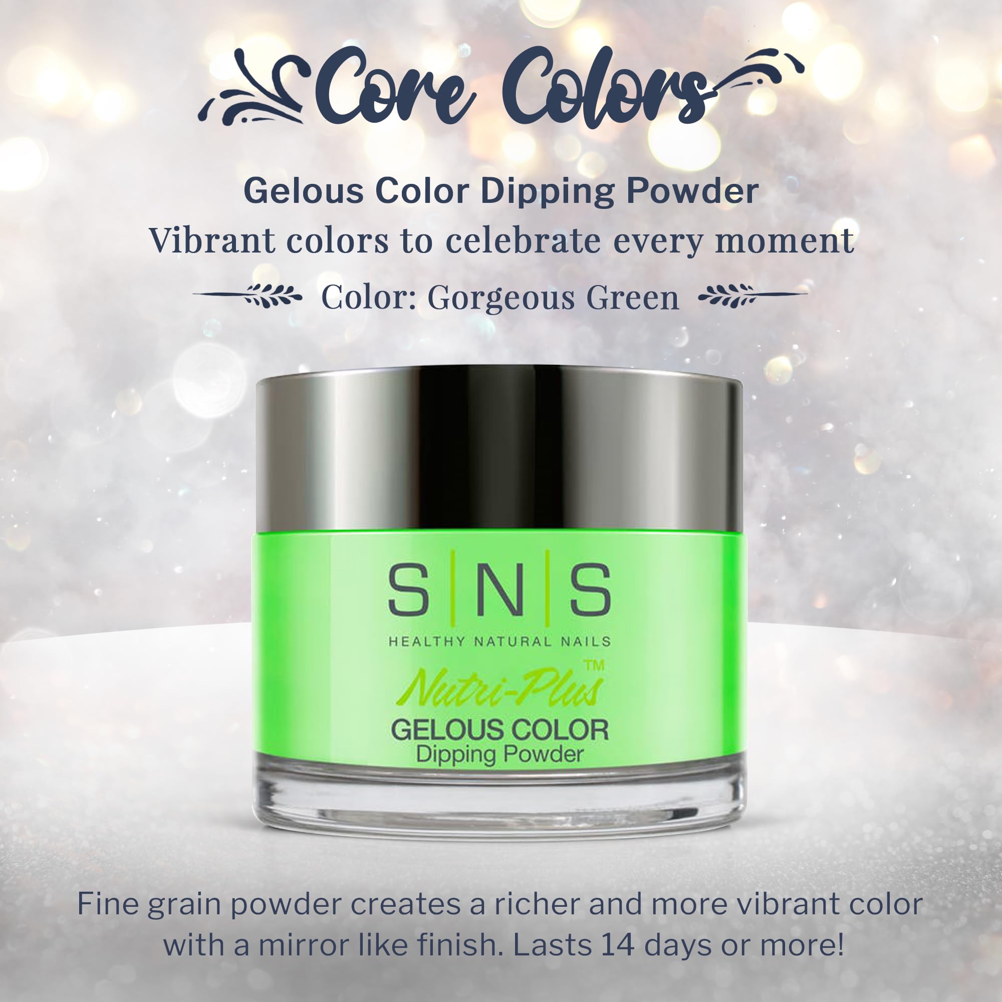SNS Nail Dip Powder Gorgeous Green swatch highlights rich pigment and even coverage.
