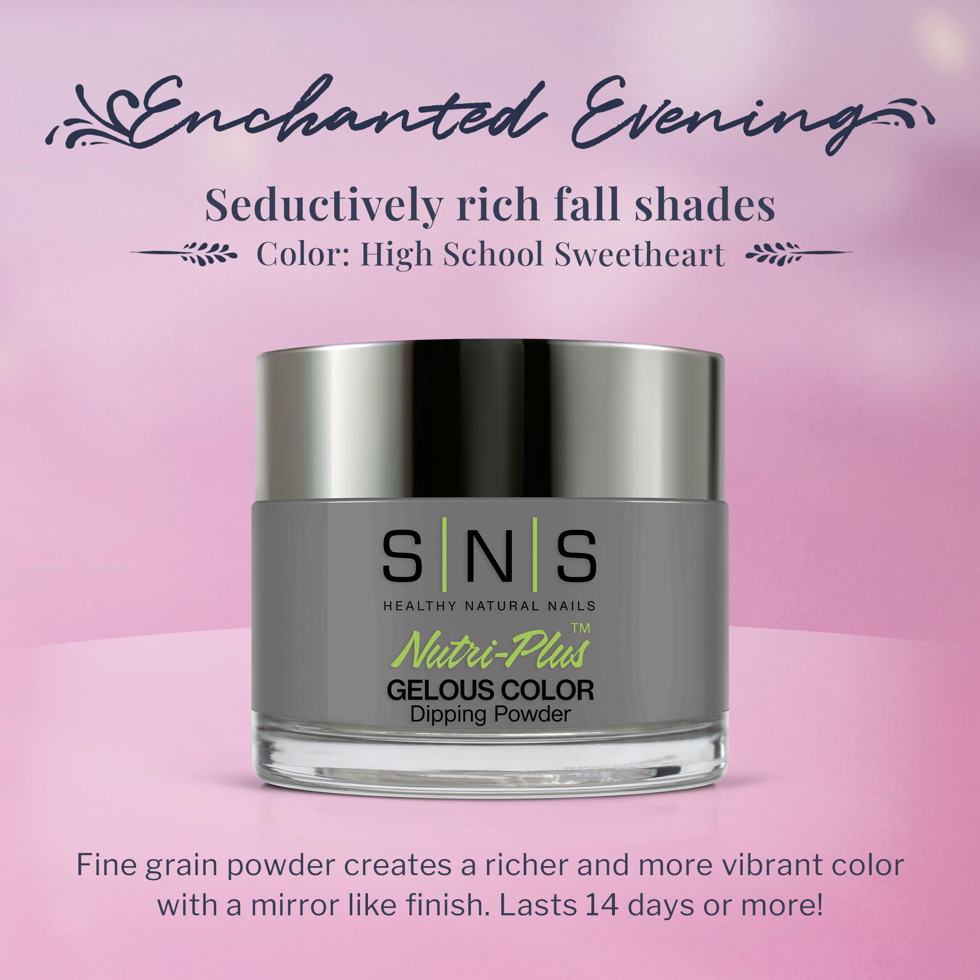 SNS High School Sweetheart gray jar close-up displays subtle shimmer for a chic at-home manicure.