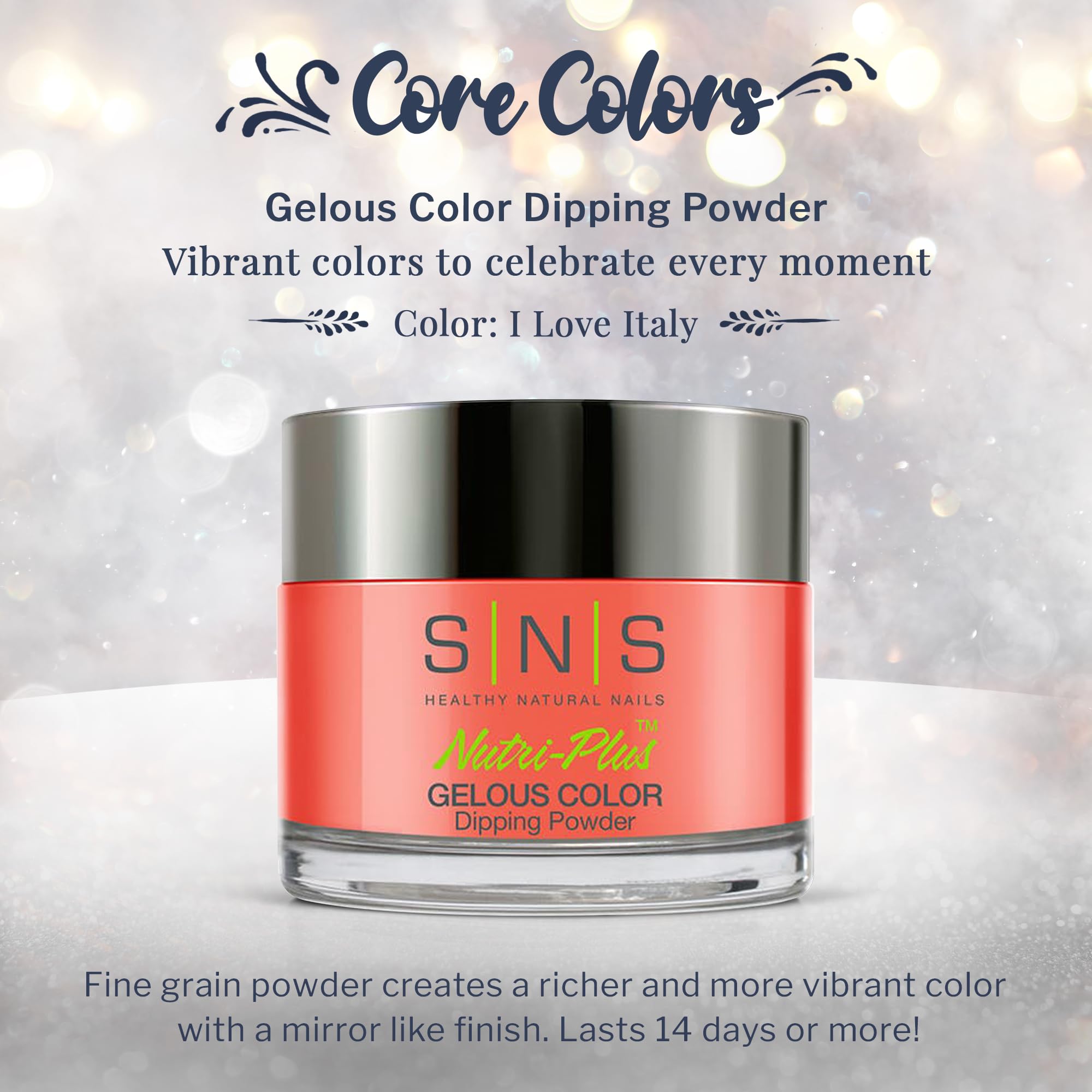 SNS Healthy Natural Nails I Love Italy color swatch reveals warm shimmer for elegant at-home nails.