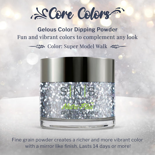 SNS Dip Powder jar view shows metallic silver glitter for a vibrant shade.
