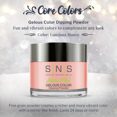 SNS Nail Dip Powder Luscious Mauve swatches reveal creamy pastel pink finish and smooth application.