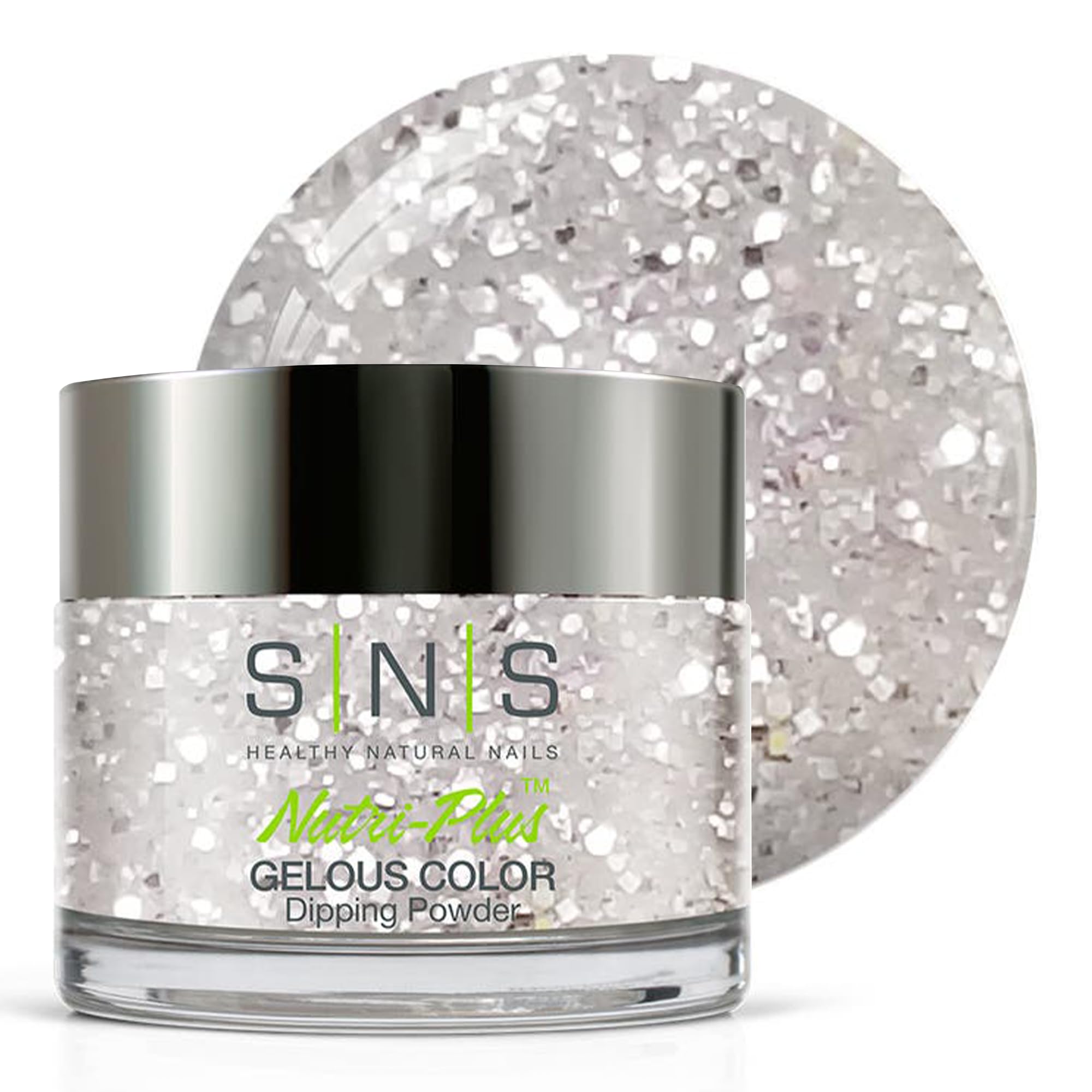 SNS Nail Dip Powder Luxury Shades metallic silver bottle showing premium formula and instant dry finish