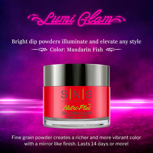 SNS Nails Mandarin Fish dip powder applied on nails for long-lasting vibrant finish.