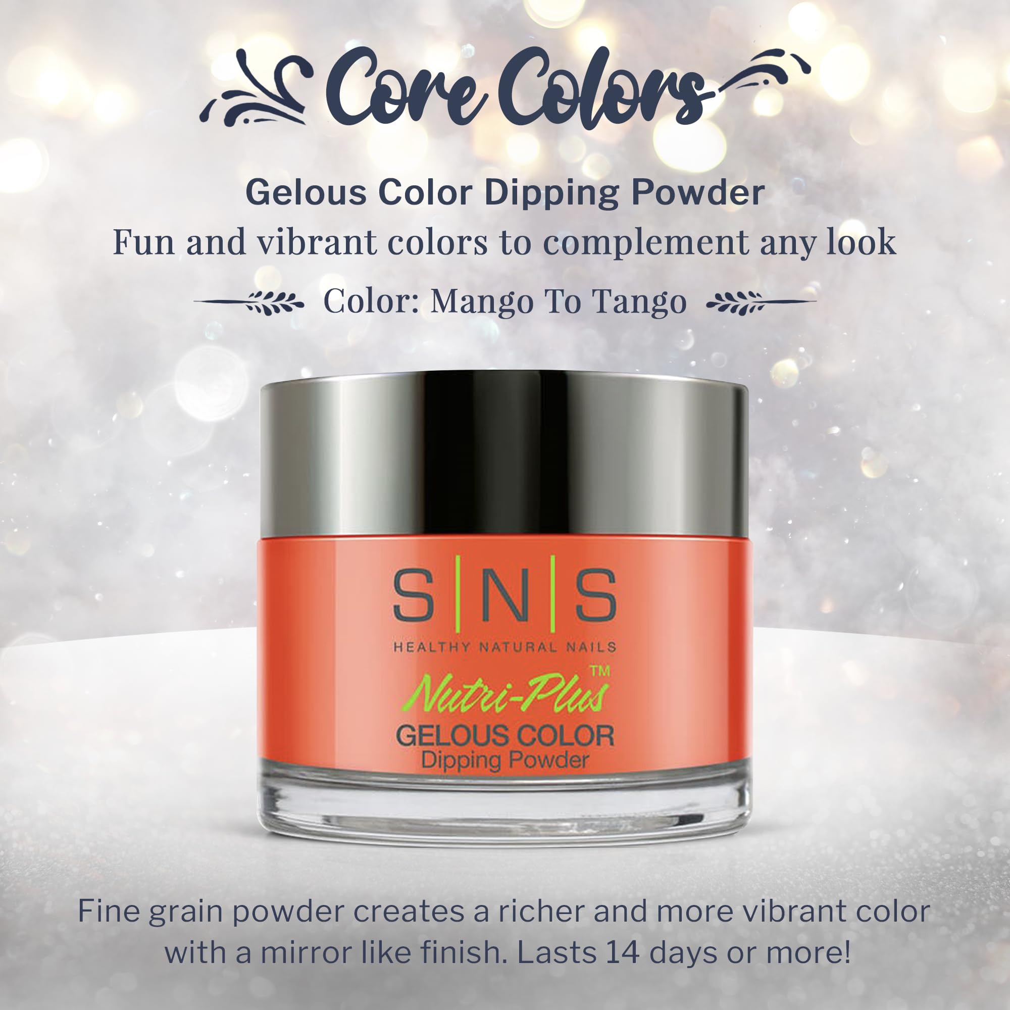 Mango To Tango dip powder swatch highlights fine grain for smooth, rich color