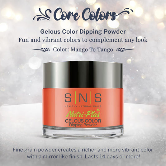 Mango To Tango dip powder swatch highlights fine grain for smooth, rich color