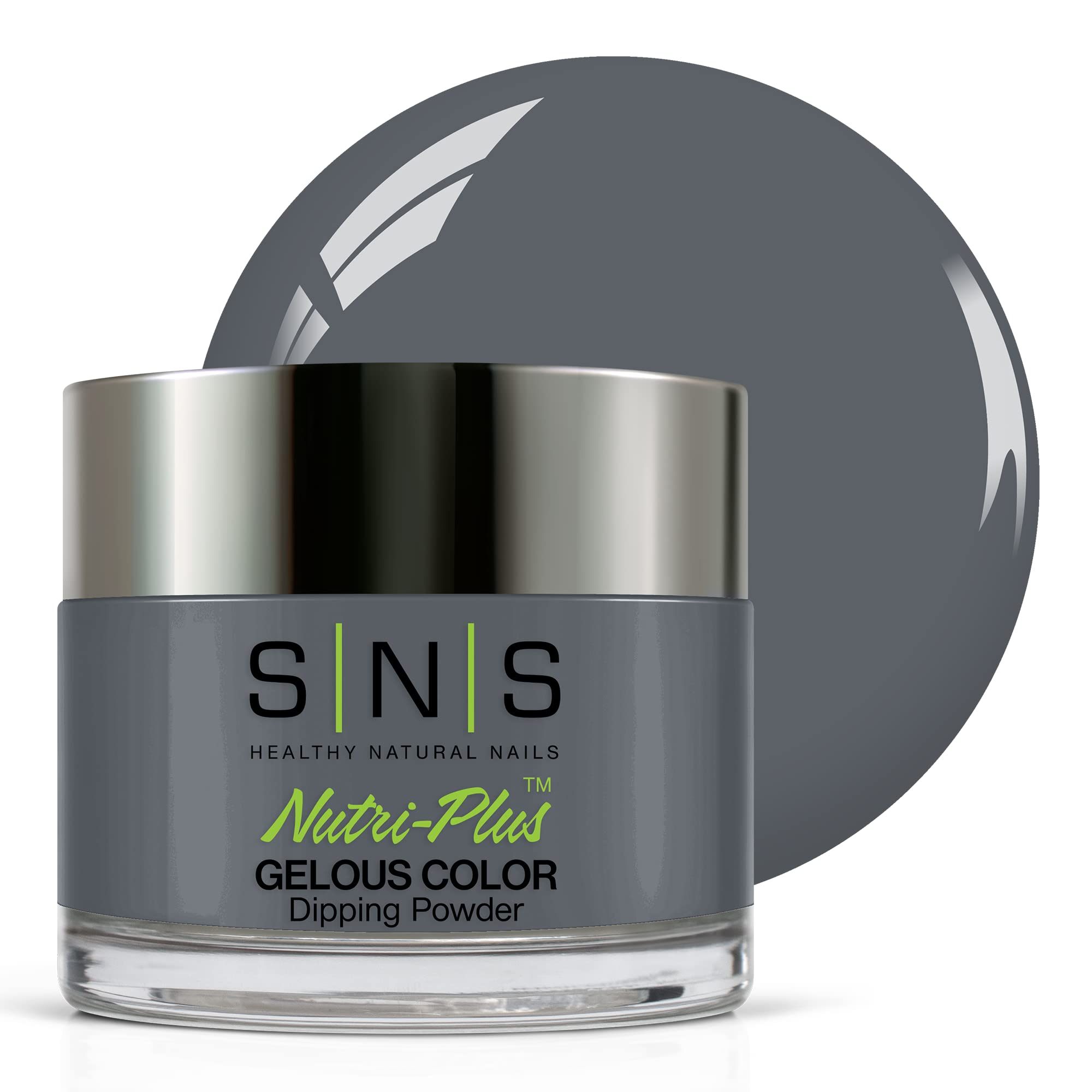 SNS Nail Dip Powder Marriage Material Gray jar shows long-lasting color and mirror-like finish