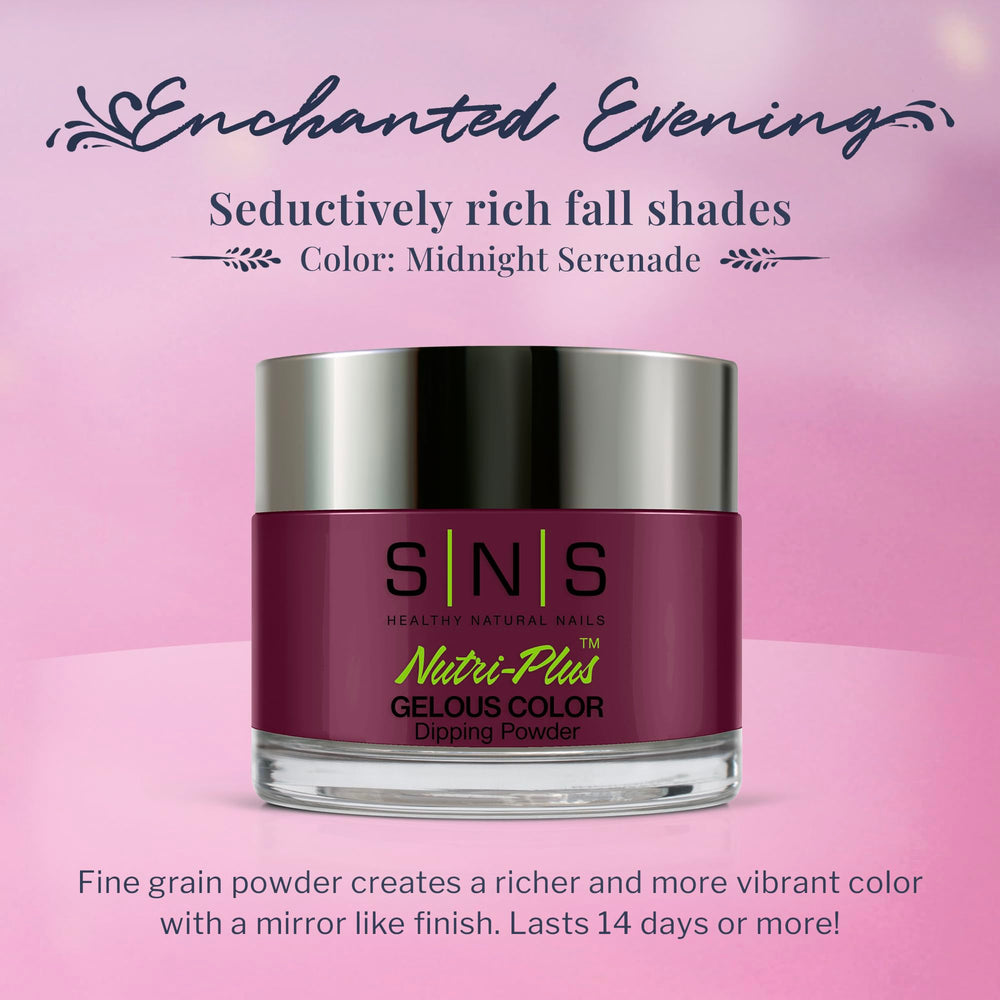 SNS Nail Dip Powder Midnight Serenade jar closeup highlights premium formula and low-odor performance.