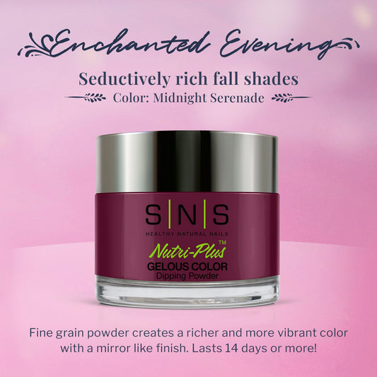 SNS Nail Dip Powder Midnight Serenade jar closeup highlights premium formula and low-odor performance.