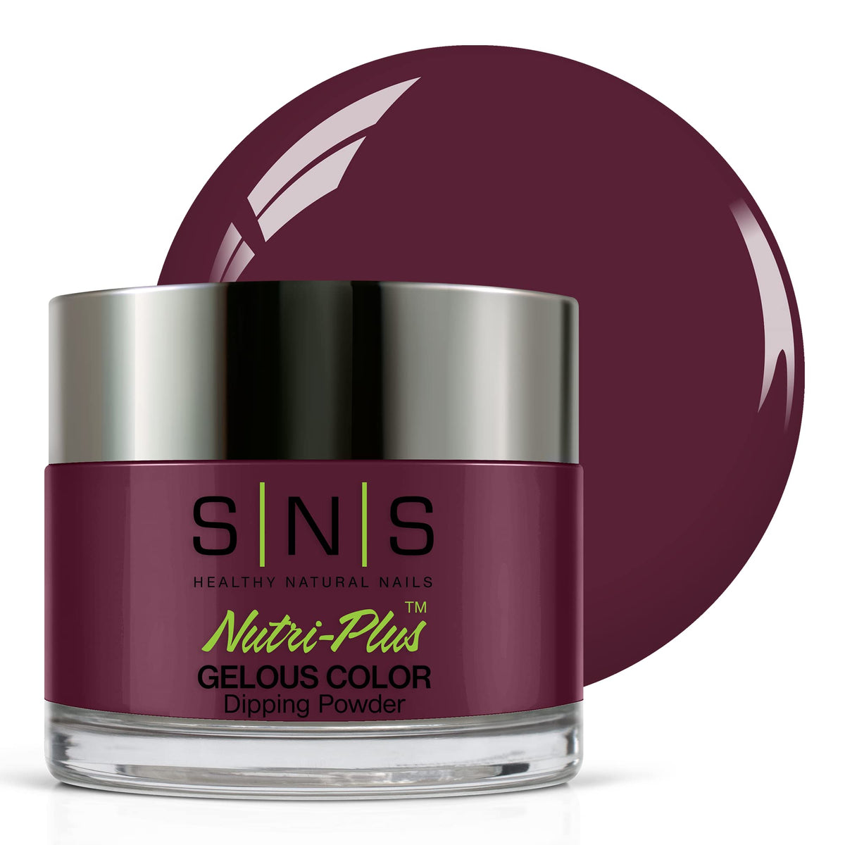 SNS Nail Dip Powder Midnight Serenade bottle shows a rich wine shade for long-lasting color.