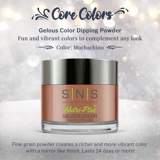 SNS Mochachino dip powder swatch demonstrates a deep brown tone for elegant nails