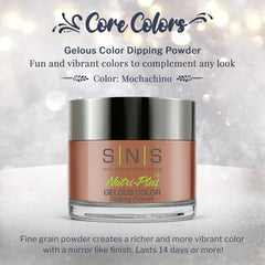 SNS Mochachino dip powder swatch demonstrates a deep brown tone for elegant nails