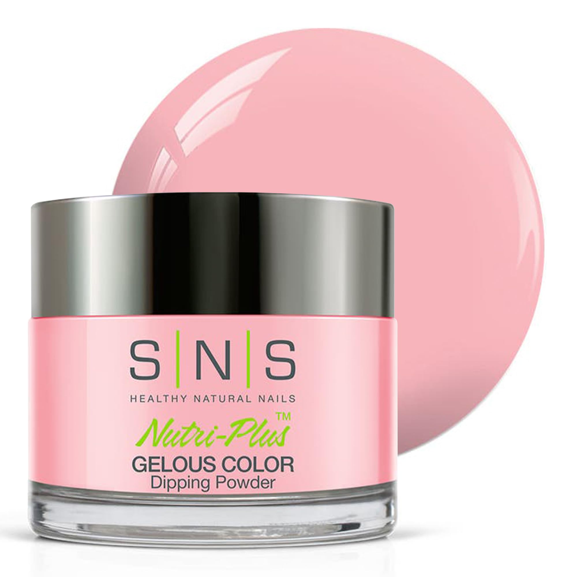 SNS Nail Dip Powder ReinCarnation pink shimmer jar showcases rich color with low-odor formula.