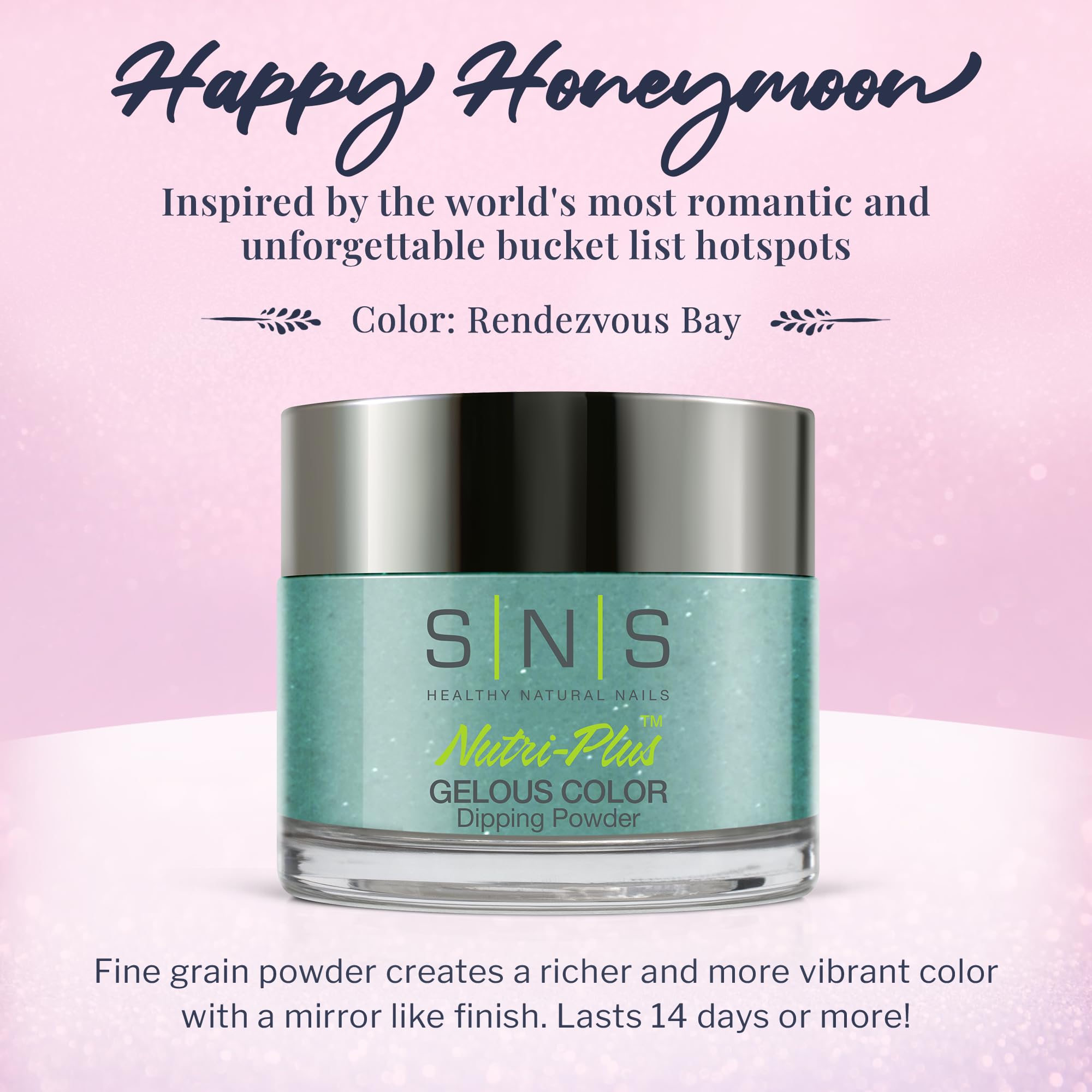 SNS Rendezvous Bay shade highlights rich turquoise-teal-cream tones with a mirror-like finish