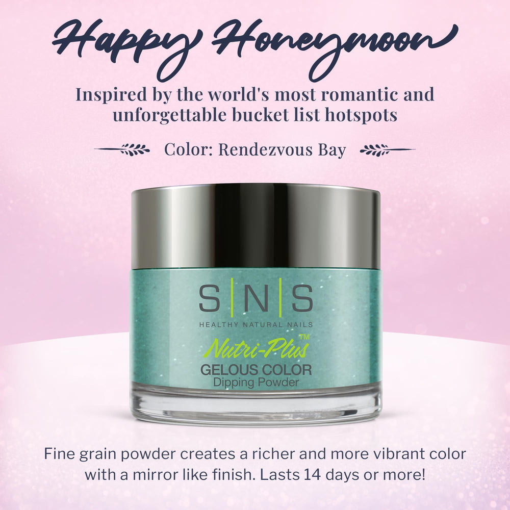 SNS Rendezvous Bay shade highlights rich turquoise-teal-cream tones with a mirror-like finish