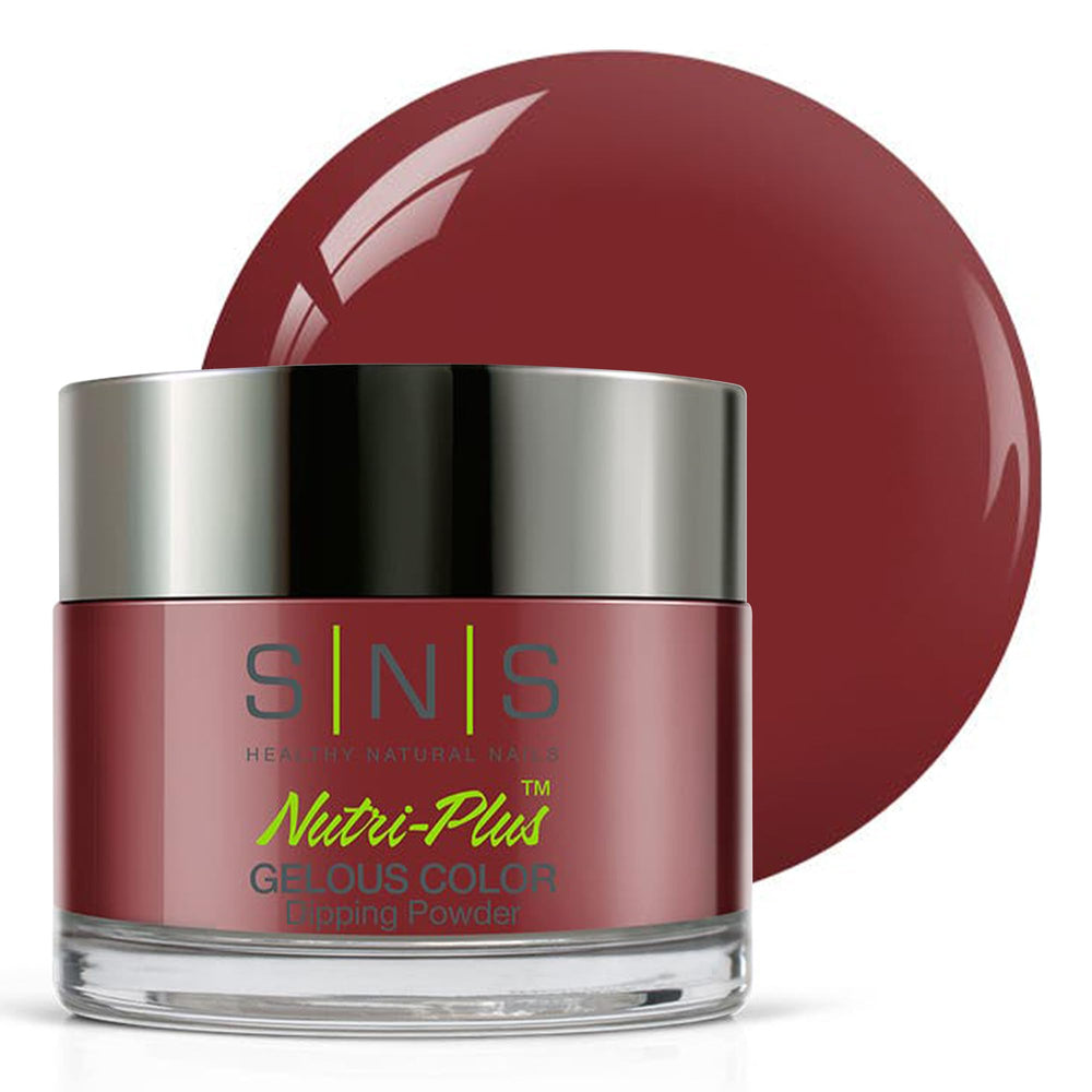 SNS Nail Dip Powder She Pampered bottle shows a rich red hue for a salon-ready finish.