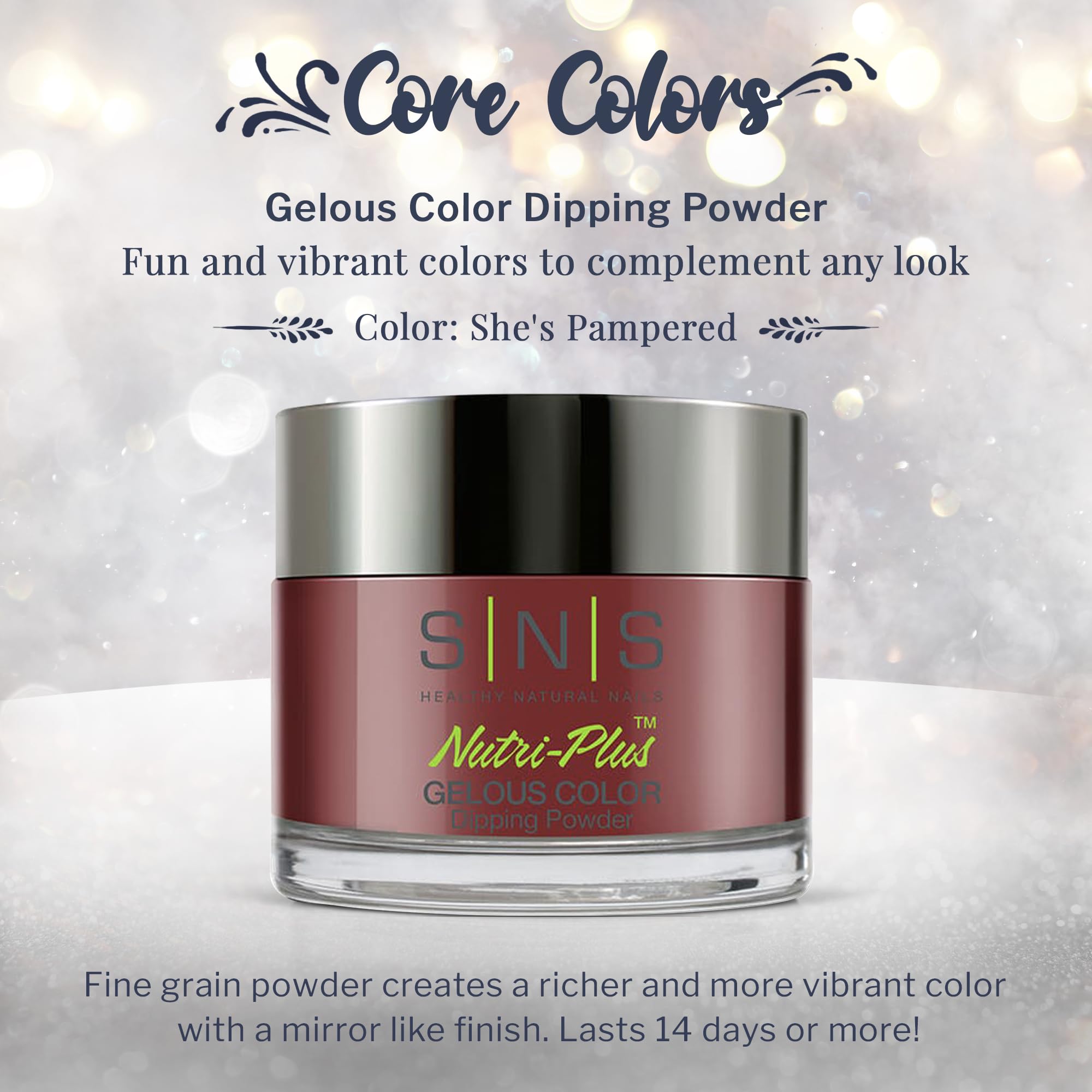 SNS Nail Dip Powder She Pampered color palette swatch highlights burgundy and cream options.
