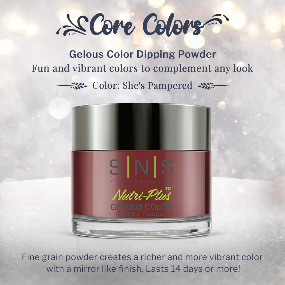 SNS Nail Dip Powder She Pampered color palette swatch highlights burgundy and cream options.