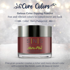 SNS Nail Dip Powder She Pampered color palette swatch highlights burgundy and cream options.