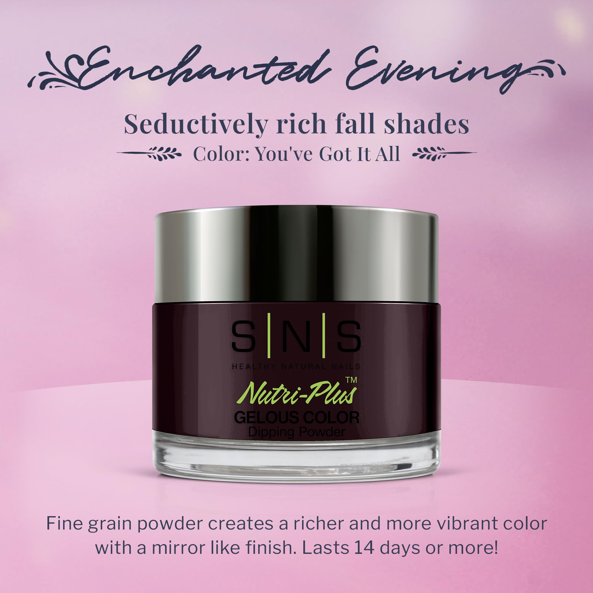 SNS Enchanted Evening color swatch shows rich purple-plum with shimmer
