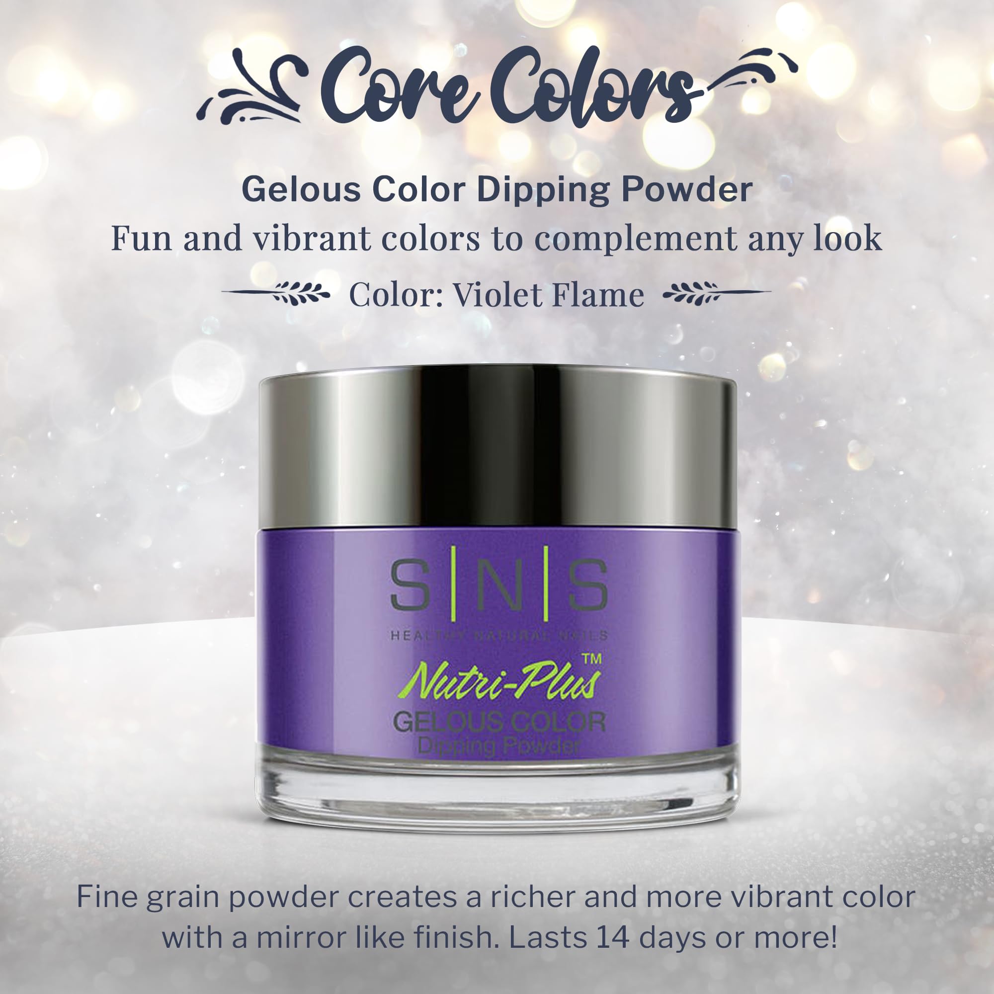 SNS Nails Violet Flame swatches reveal rich purple with iridescent shimmer