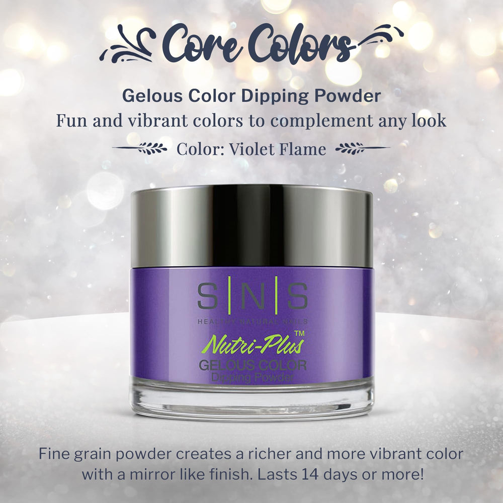 SNS Nails Violet Flame swatches reveal rich purple with iridescent shimmer