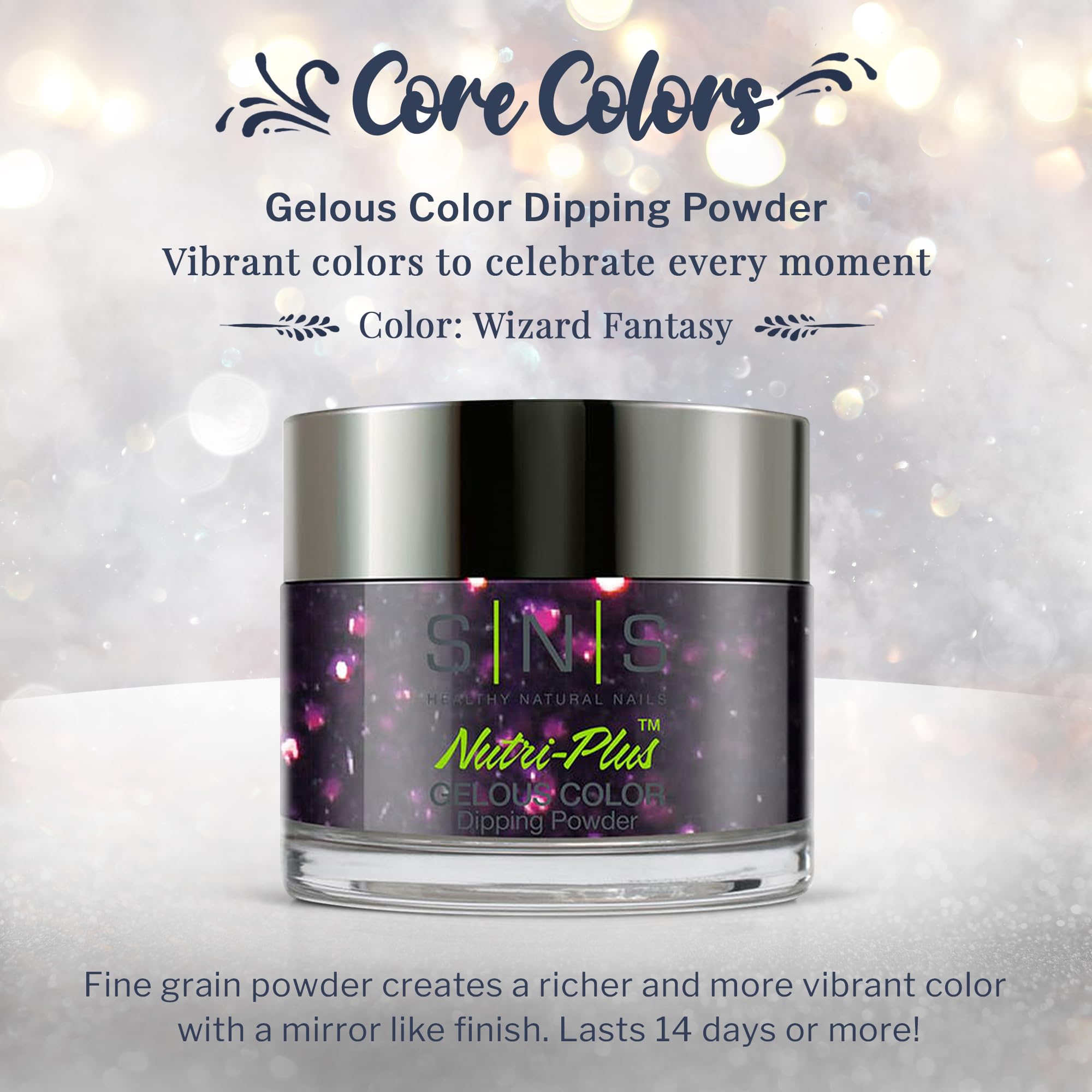 SNS Wizard Fantasy swatch on nail tip demonstrates rich color finish.