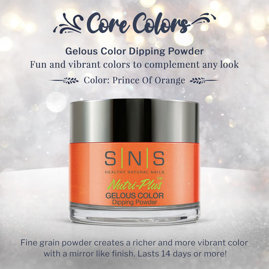 SNS Nail Dip Prince Of Orange swatches on nails illustrate long-lasting color and shine.