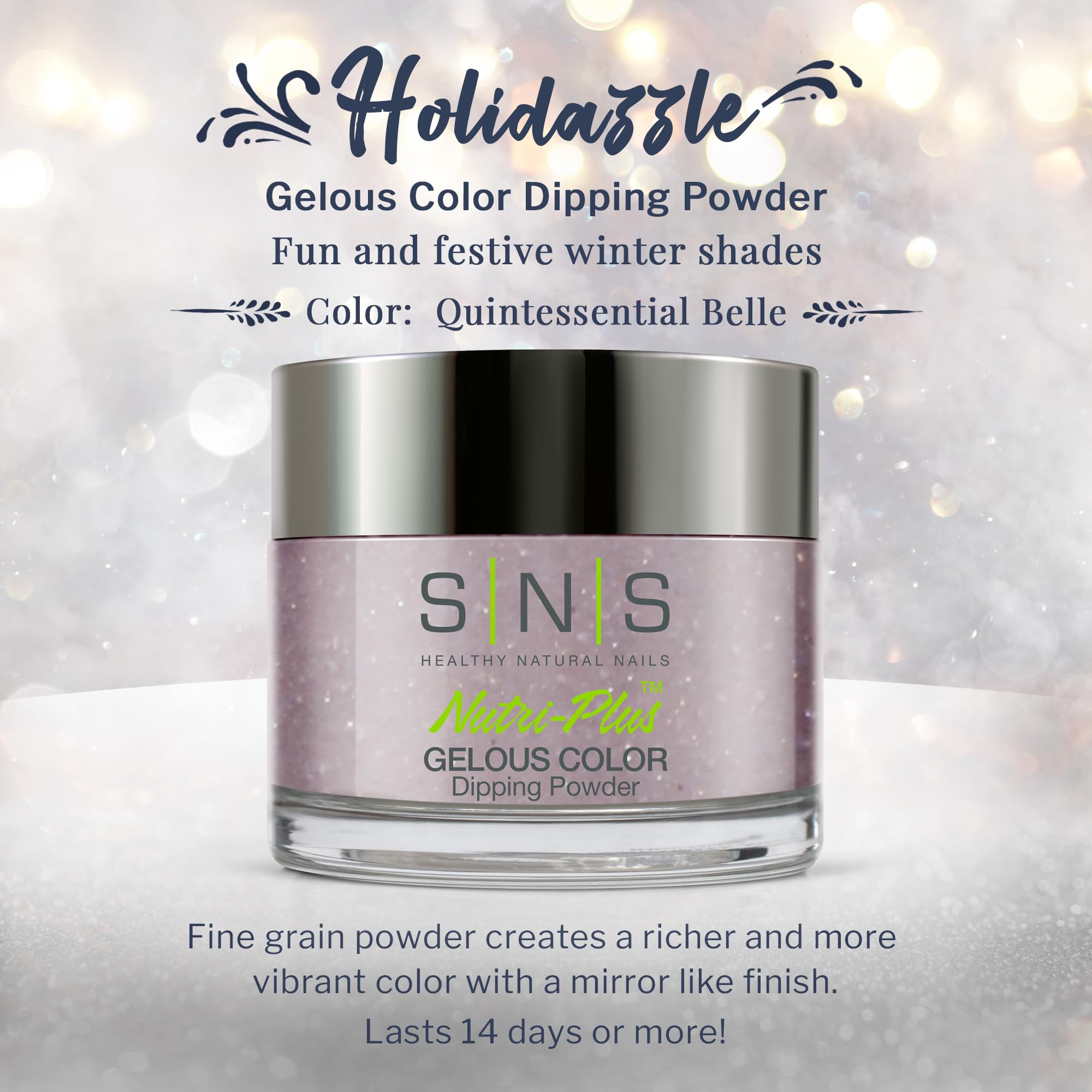 SNS Nails Holidazzle HD21 dip powder jar highlights smooth texture for at-home use
