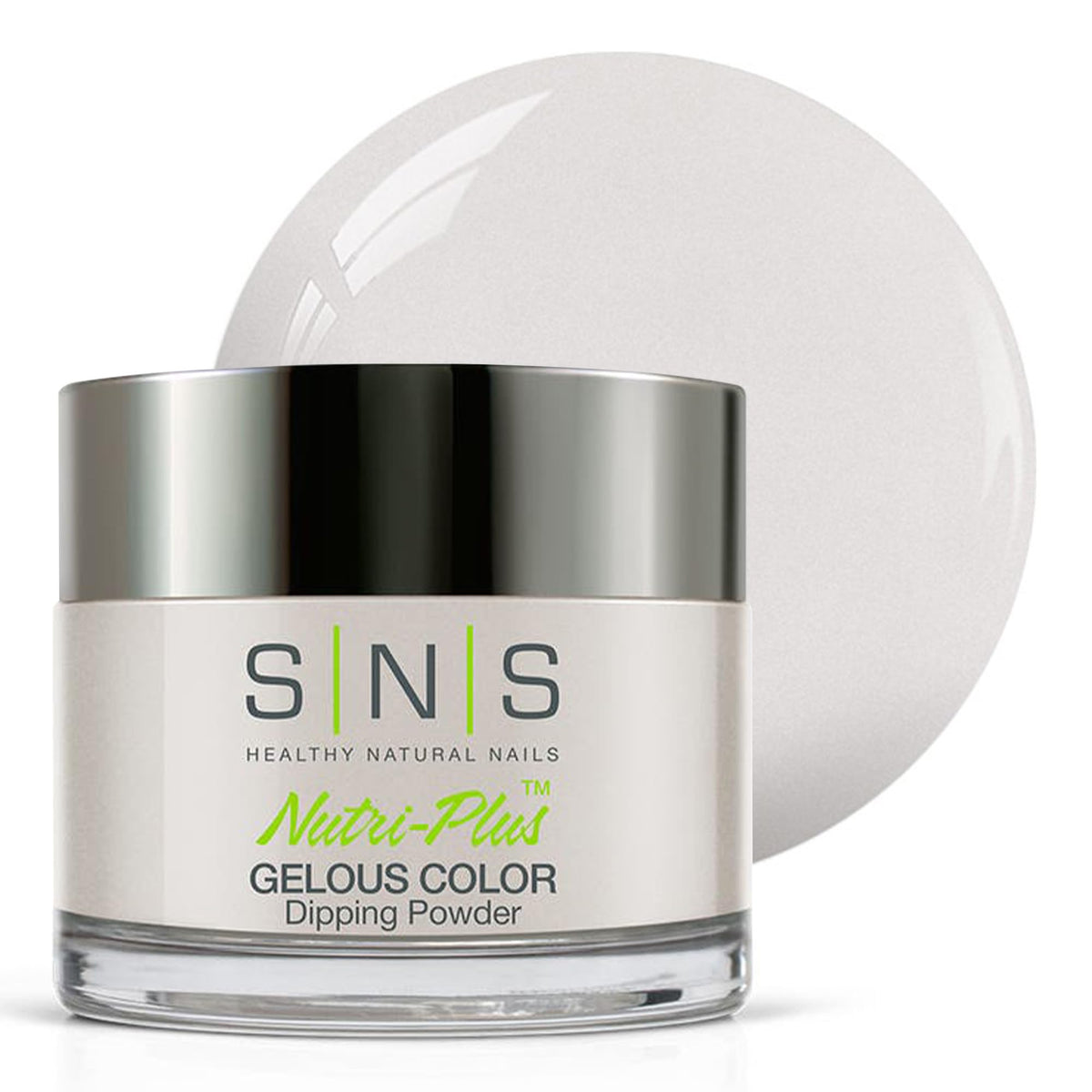 SNS Nanotech dip powder bottle shows gray-pastel cream shade for long-lasting color.