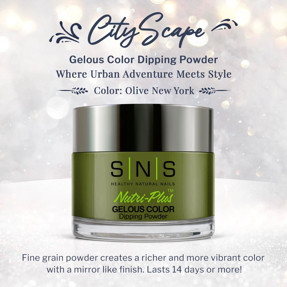 SNS Olive New York dip powder jar closeup highlights a creamy finish and smooth application.