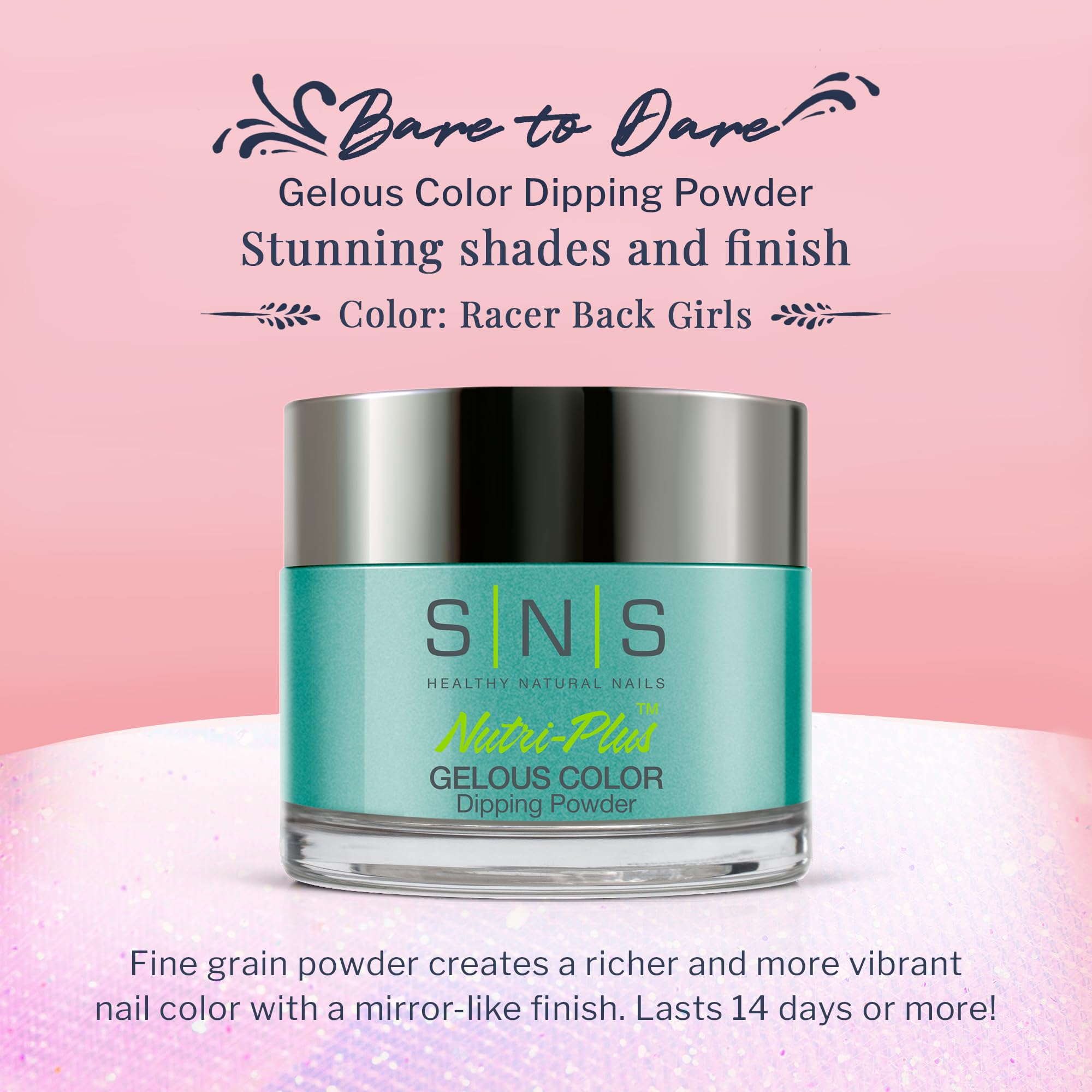 Close-up of SNS Racer Back Girls dip powder jar showing vivid turquoise-teal-aqua shimmer.