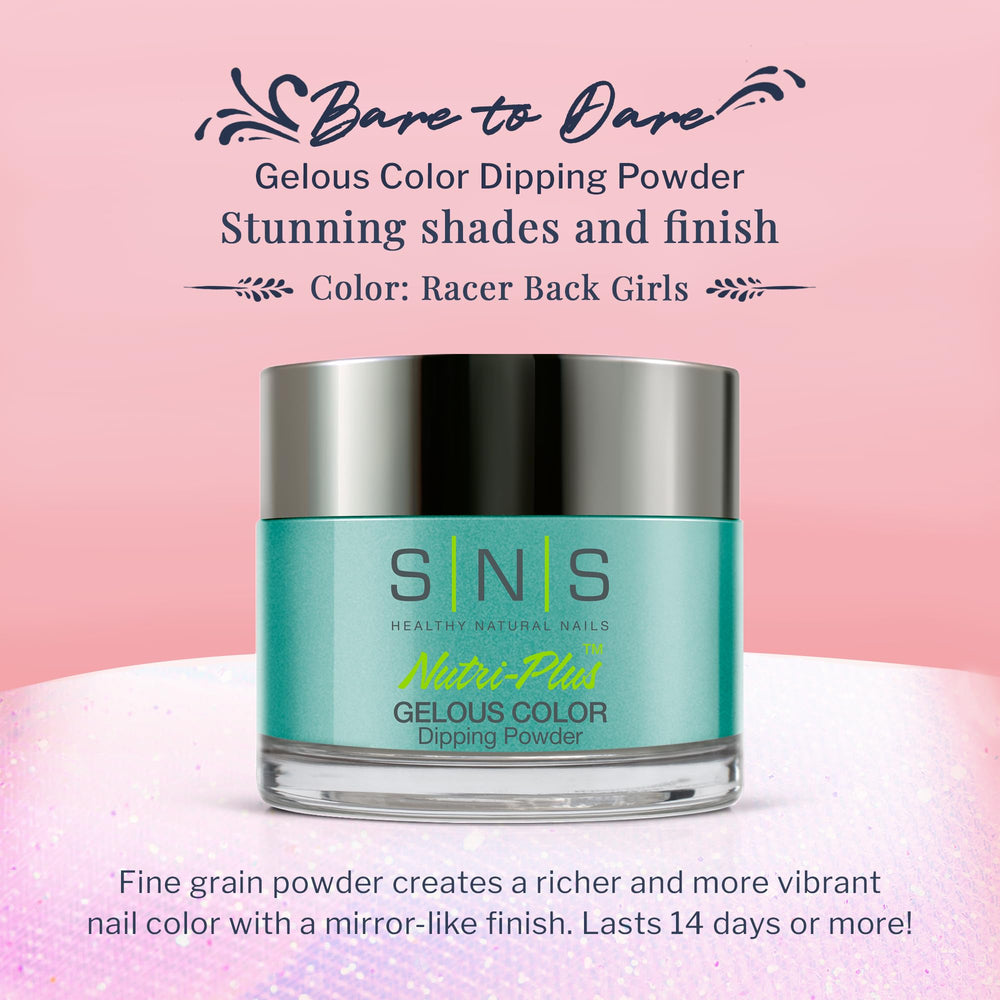 Close-up of SNS Racer Back Girls dip powder jar showing vivid turquoise-teal-aqua shimmer.