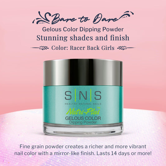 Close-up of SNS Racer Back Girls dip powder jar showing vivid turquoise-teal-aqua shimmer.