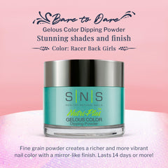 Close-up of SNS Racer Back Girls dip powder jar showing vivid turquoise-teal-aqua shimmer.