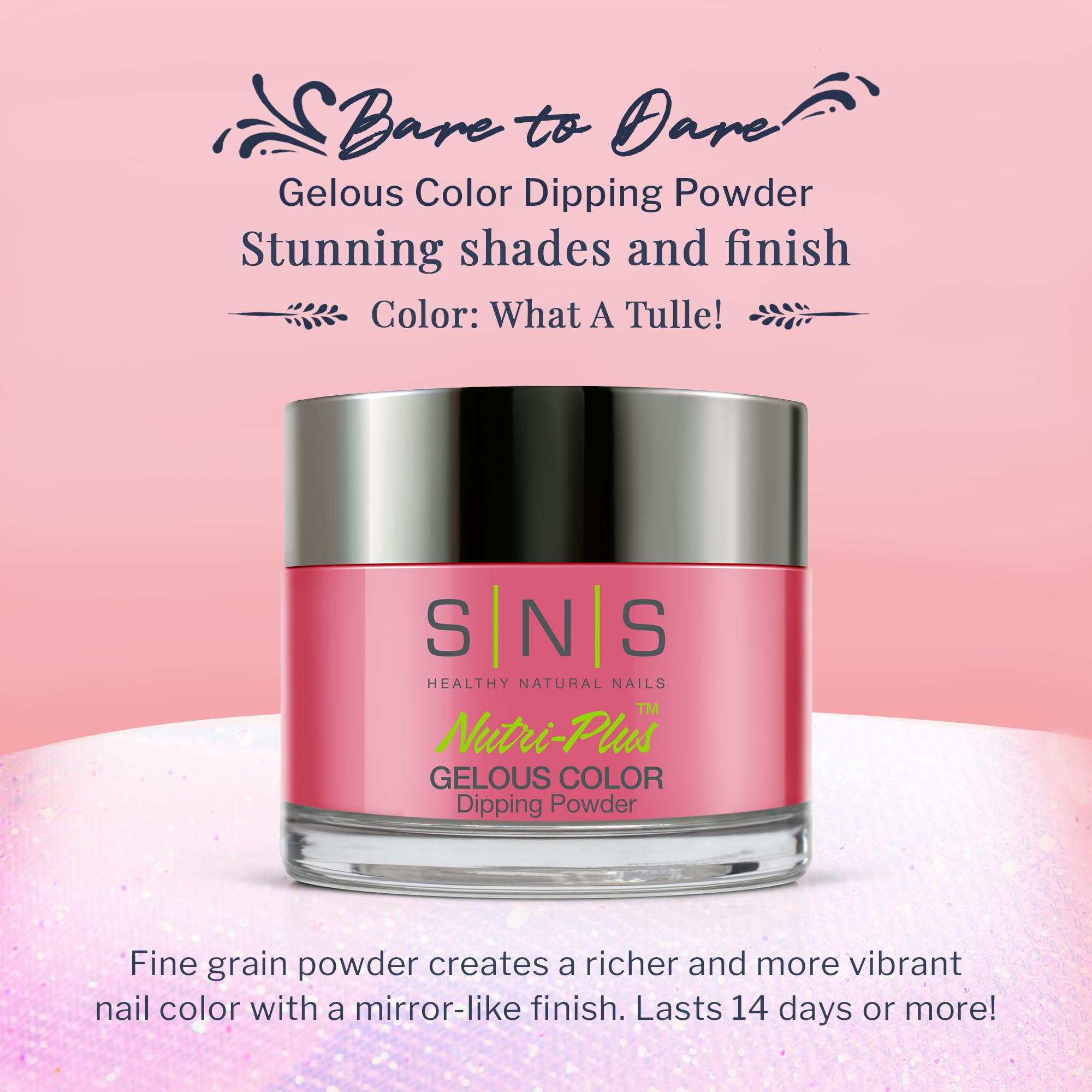 SNS What A Tulle color swatch on nail shows vibrant, long-lasting color.
