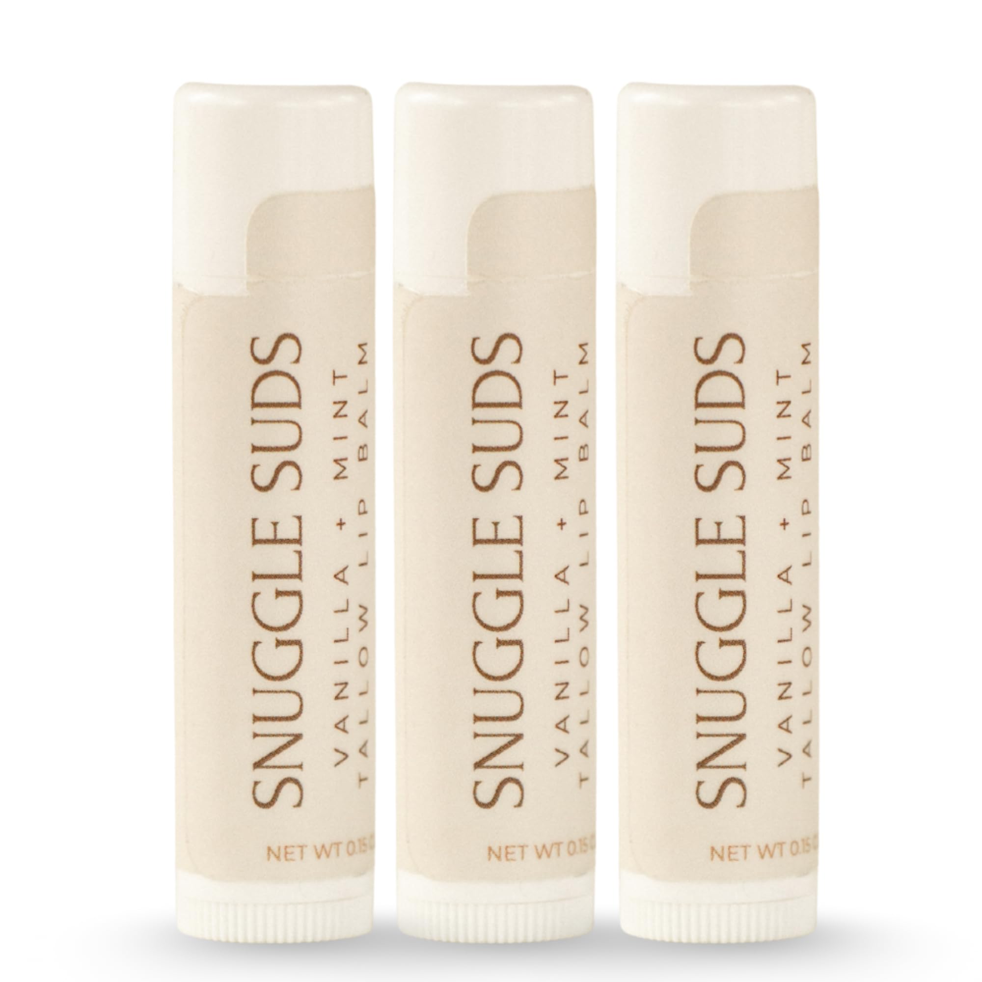 Snuggle Suds grass-fed tallow lip balm pack provides deep hydration for dry lips.