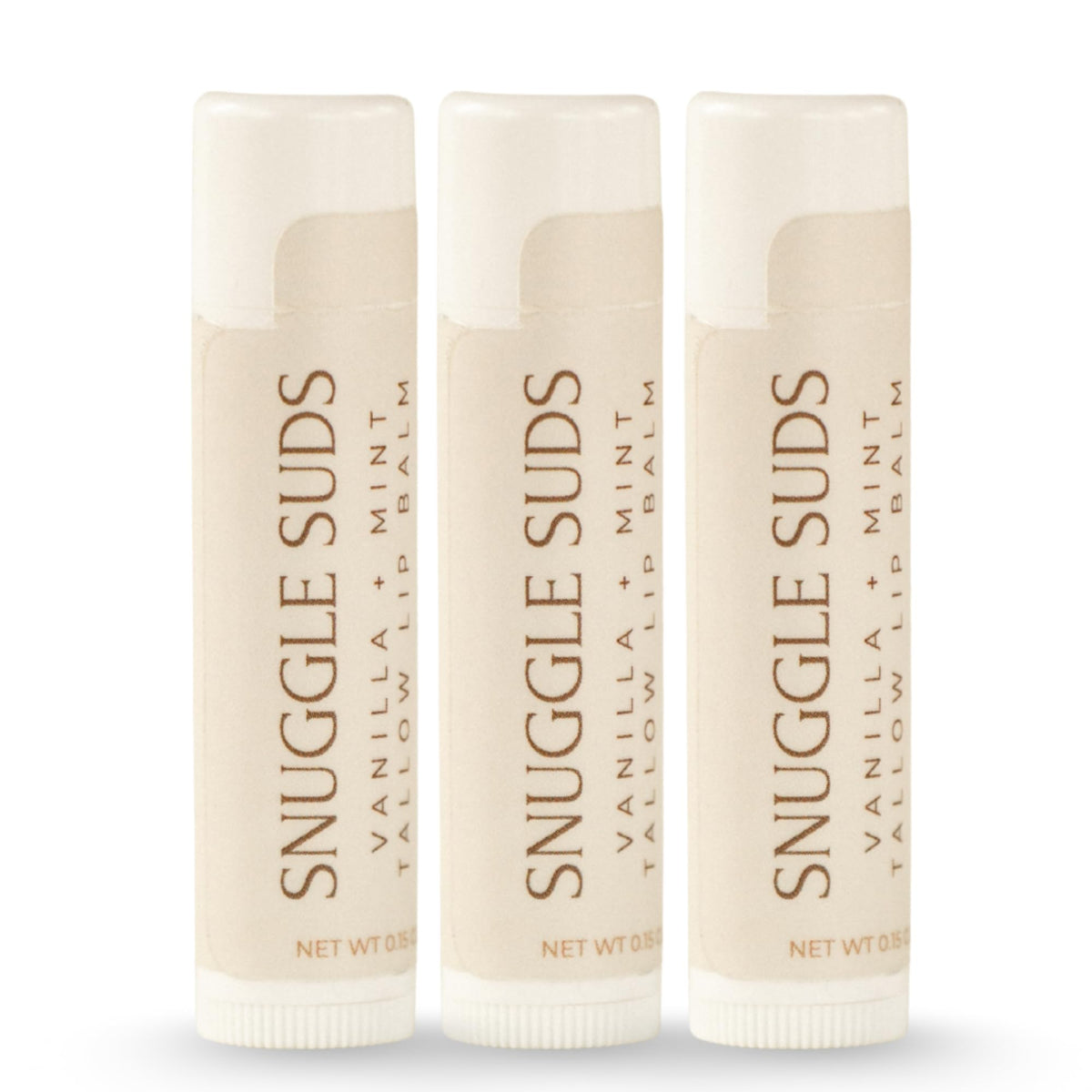 Snuggle Suds grass-fed tallow lip balm pack provides deep hydration for dry lips.