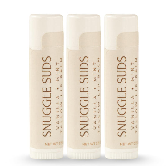 Snuggle Suds grass-fed tallow lip balm pack provides deep hydration for dry lips.