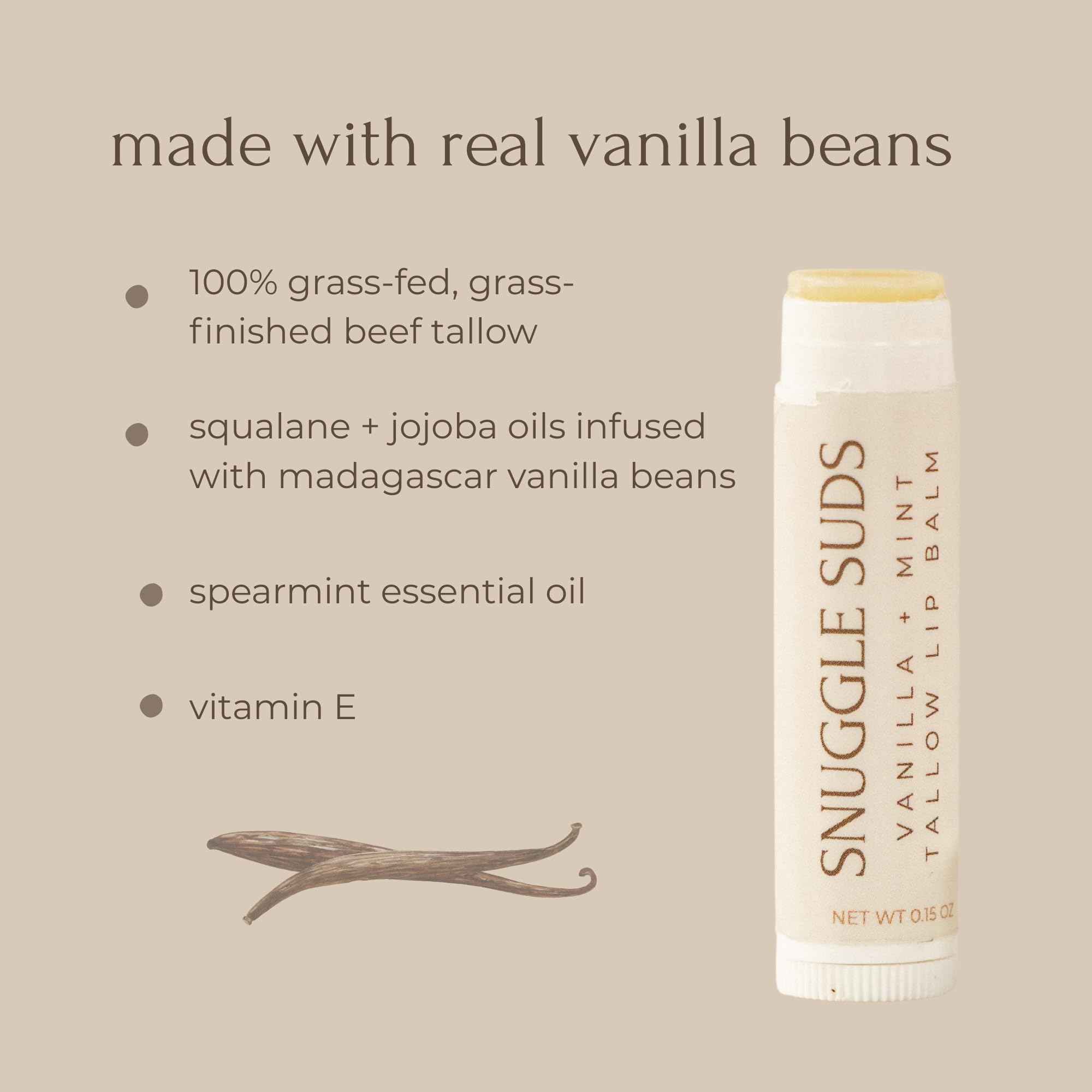Snuggle Suds vanilla bean infusion lip balm front view with comforting scent.