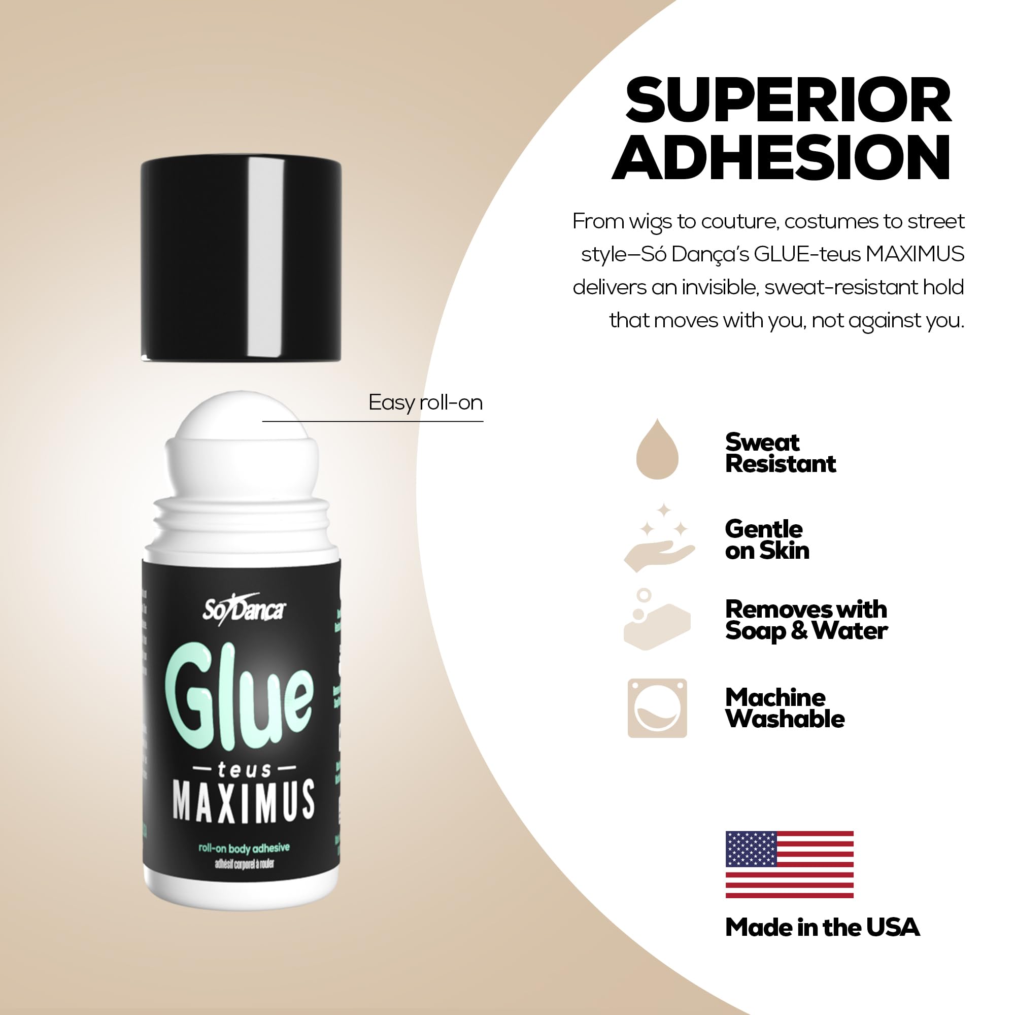 So Danca Glue-teus Maximus offers dance-ready grip for costumes and leotards.