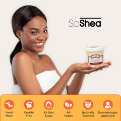 SoShea Ghana-origin shea butter closeup with cold-pressed processing emphasis.