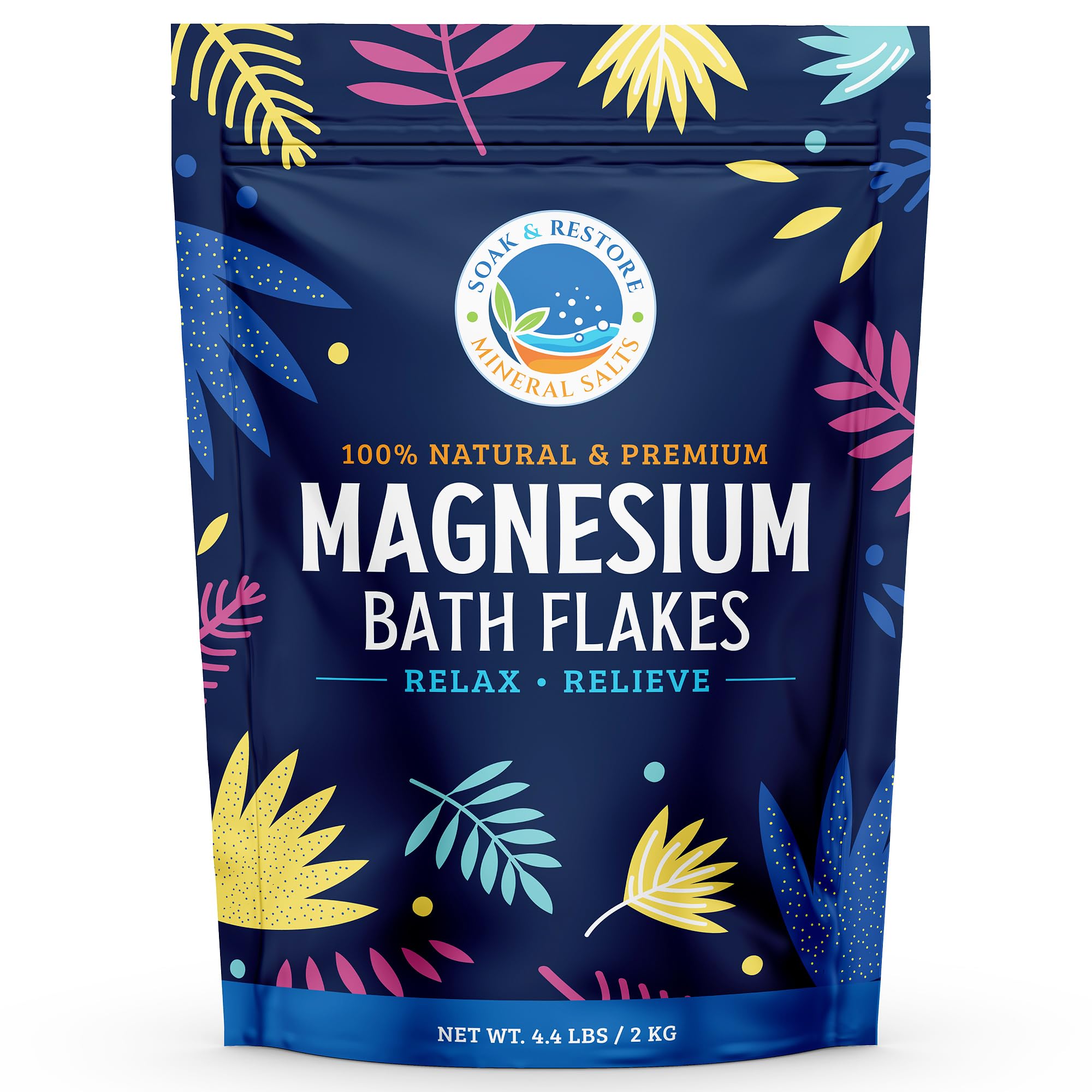 Soak & Restore Mineral Salts bottle pouring for a quick, soothing magnesium soak.