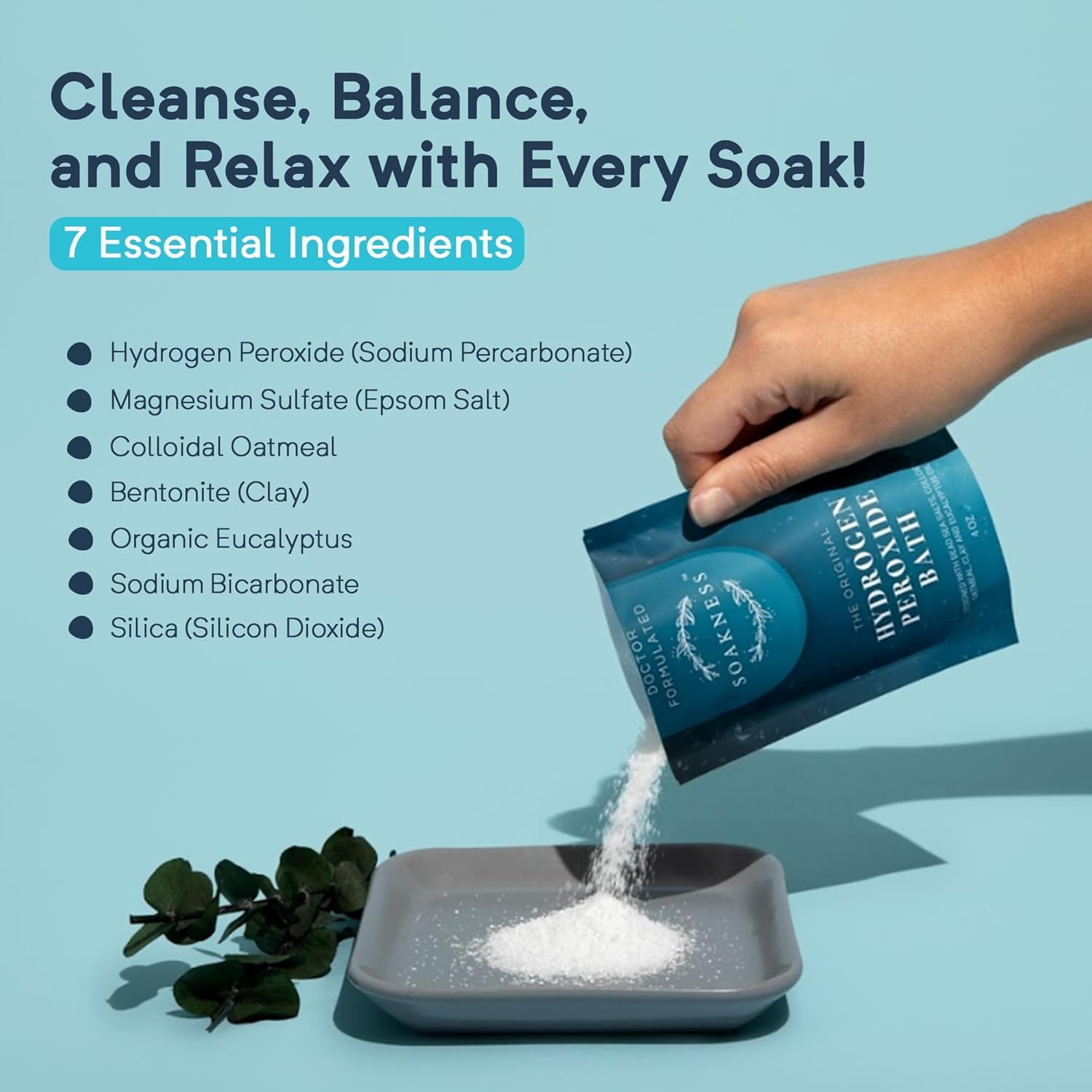 Soakness bath salts minerals close-up shows hydration minerals and colloidal oatmeal soothing skin