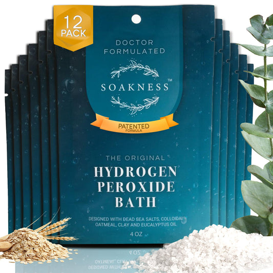 Soakness hydrogen peroxide bath salts in tub for an energizing soak and skin detoxification.